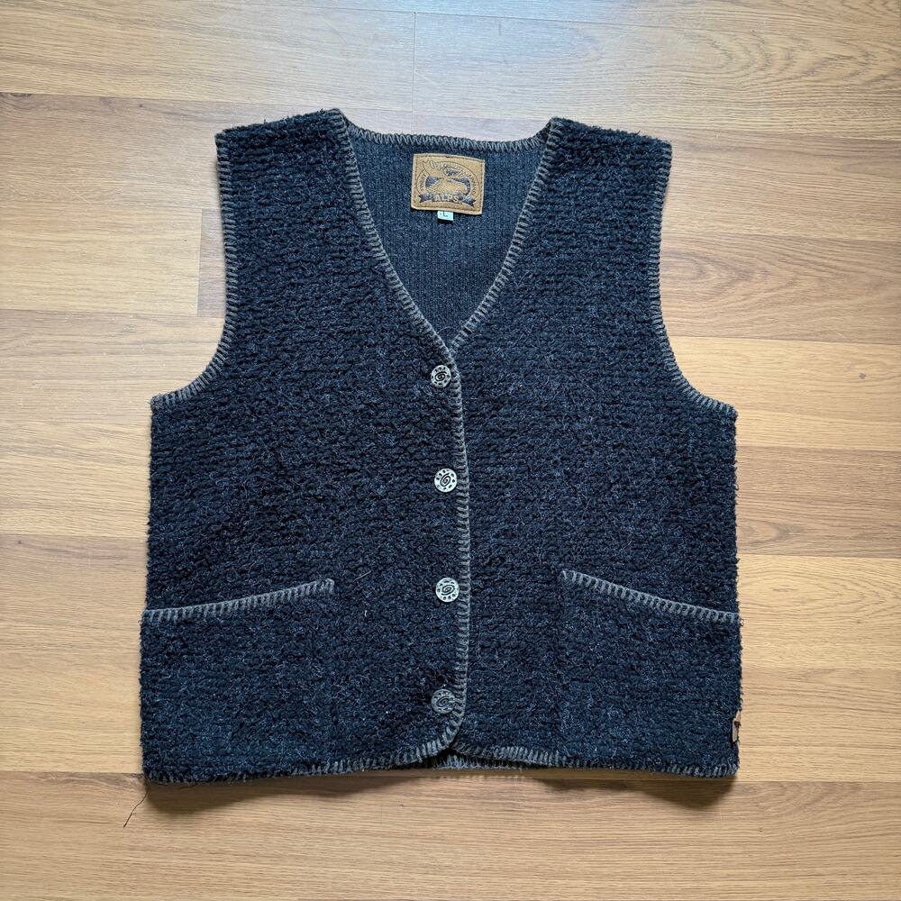 Women's Vintage 90's Alps Black Fleece Button Up Sweater Vest Jacket Sz Large
